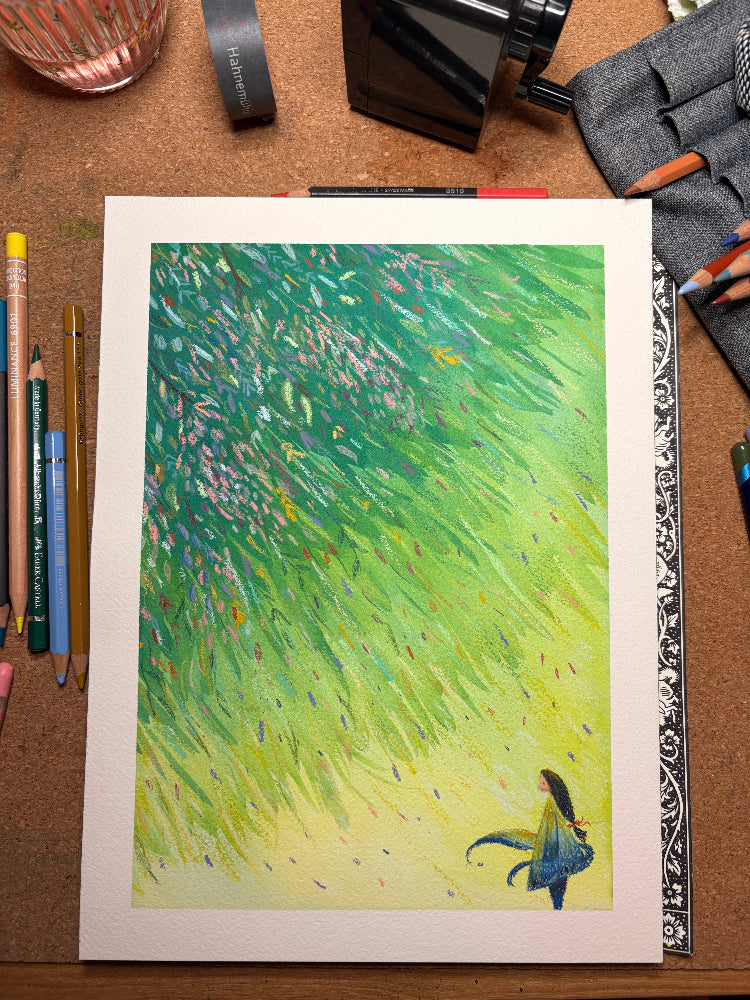 Peinture d'une nature verdoyante avec un personnage qui regarde vers la gauche