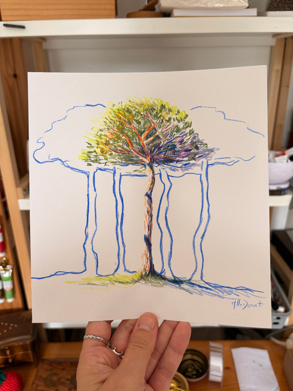 Dessin d'un pin landais en arrière plan des arbres se dessinent en bleu