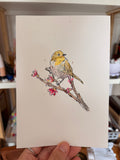 Dessin d'un oiseau jaune beige et gris sur une branche avec des fleurs roses