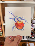 Dessin d'une pomme aux crayons de couleur branches bleus